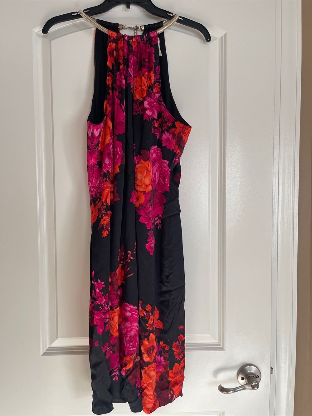 Cache One-Shoulder Floral Midi Dress in Black, Fuchsia and Orange